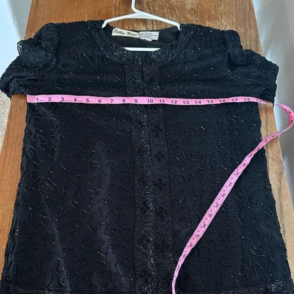 Vintage Silky Nites NY Beaded Pure Silk Blouse Jacket Small Formal Cocktail 90s